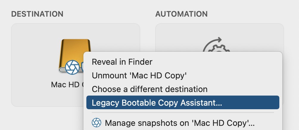 Click on the destination selector to access the Legacy Bootable Backup Assistant