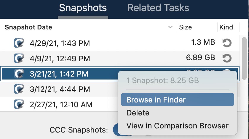 Use the contextual menu to mount and browse snapshots