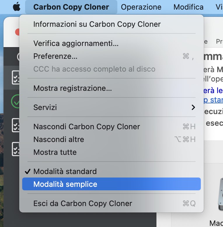 Abilita la modalità semplice tramite il menu Carbon Copy Cloner