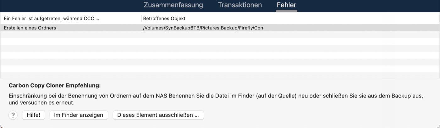 Backupverlauf zeigt Fehler an