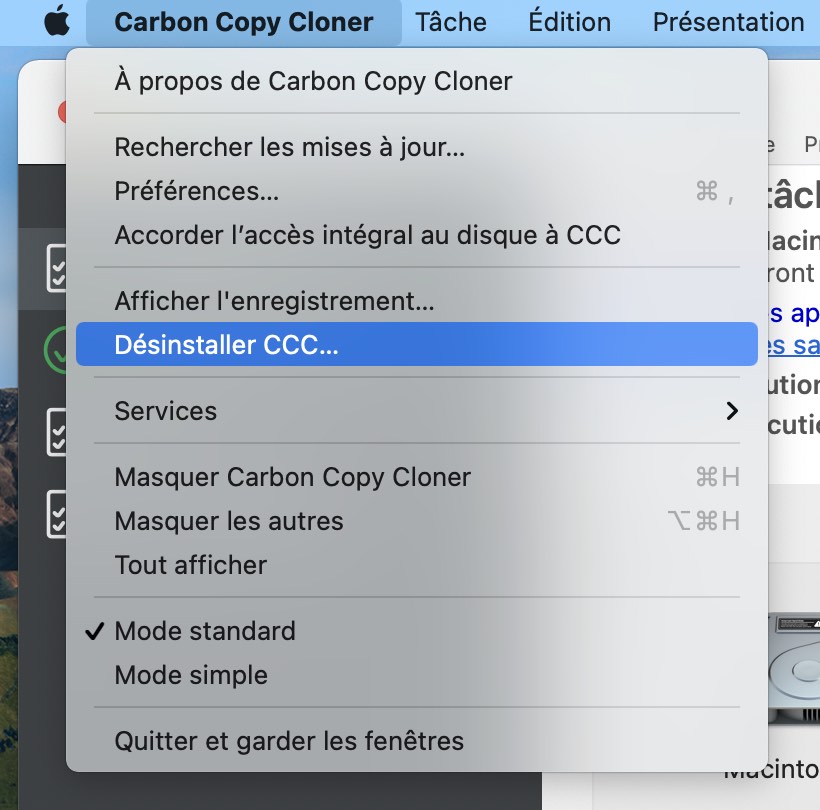 Lancement de la désinstallation directement dans CCC