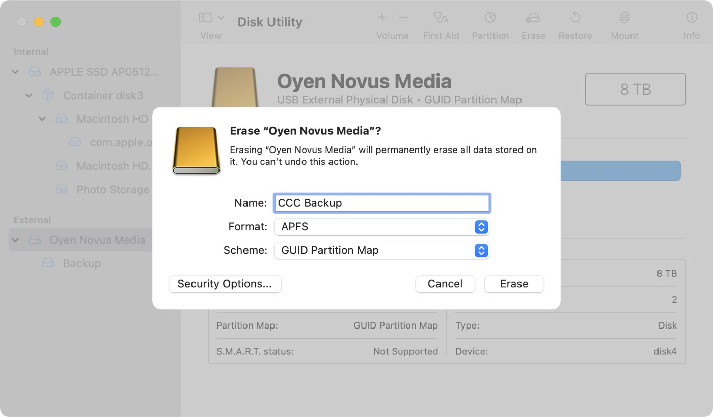 Erase the backup disk