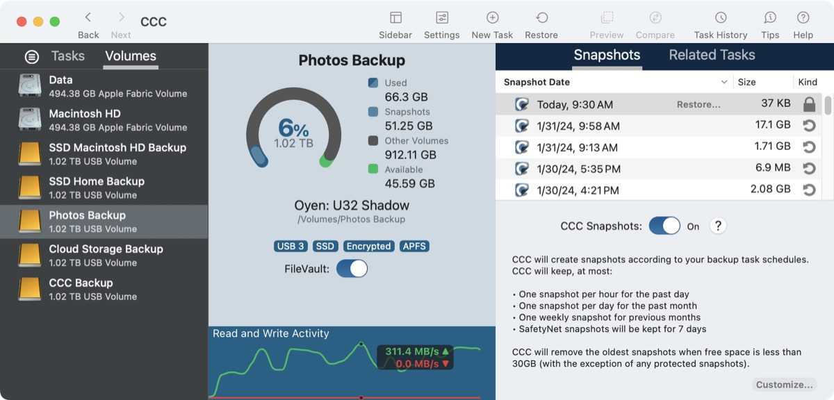 Toggling snapshots and setting a retention policy