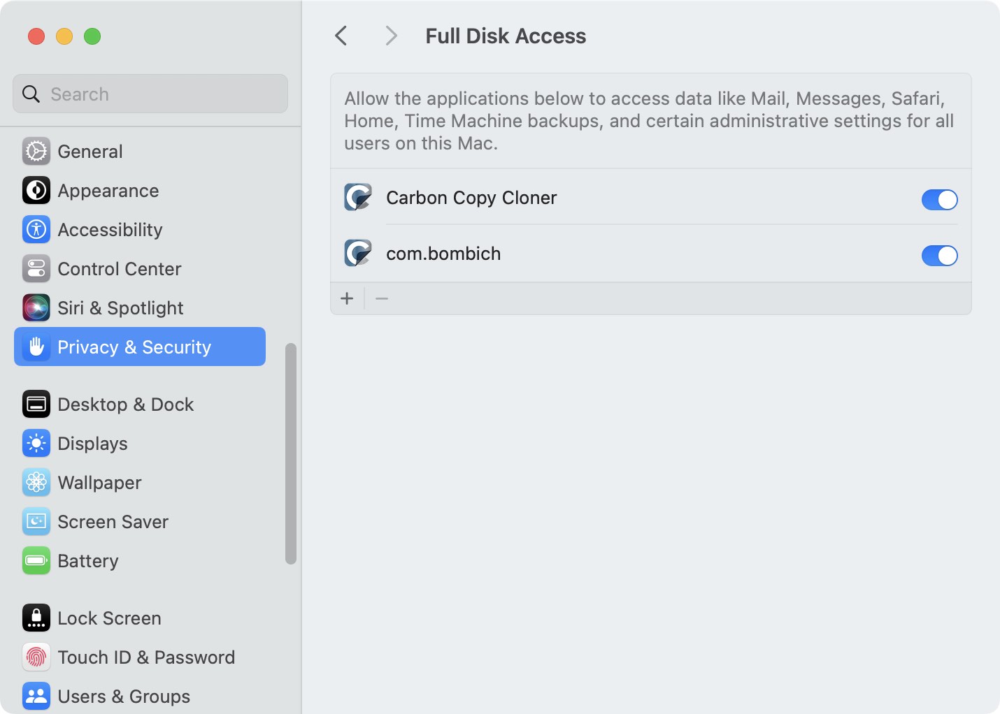 Add com.bombich to the Full Disk Access category