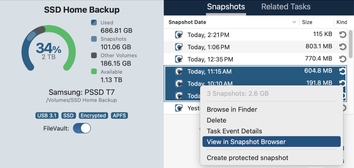 Select snapshots, then right-click to compare them in the Snapshot Browser