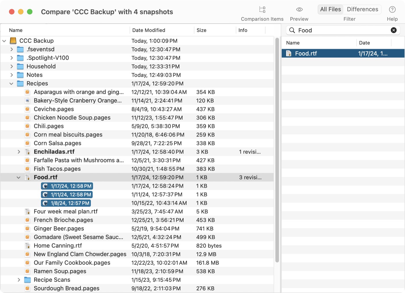 Browse and search content within snapshots