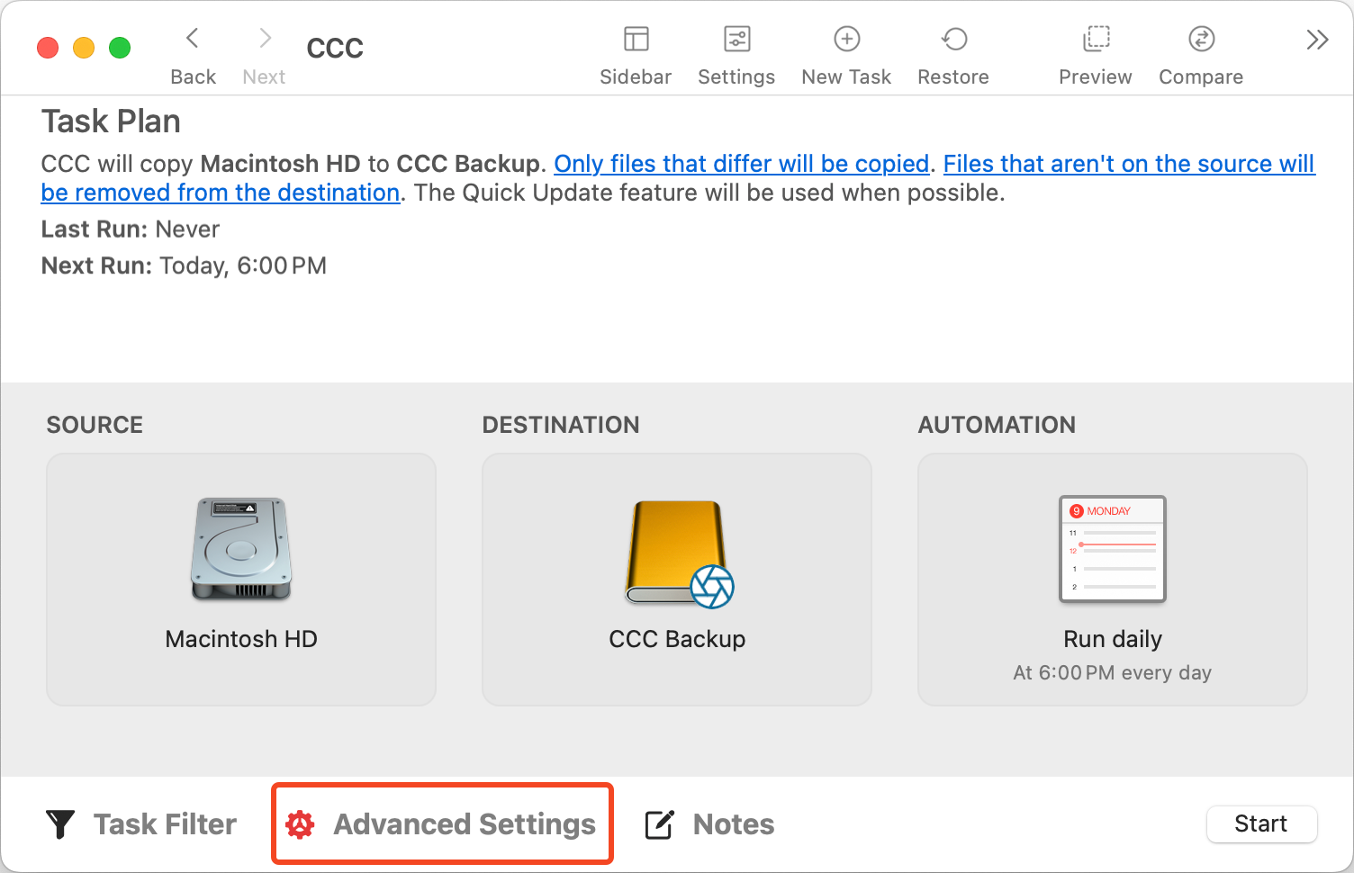 Advanced settings button