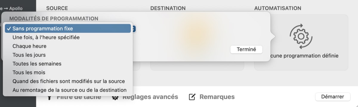 Sélectionnez les modalités de programmation