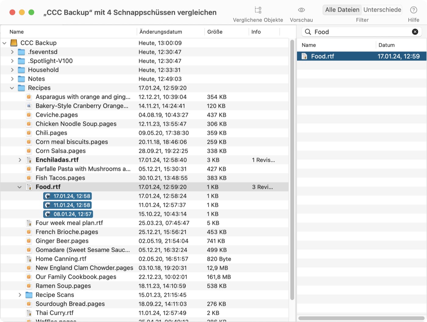 Suchen nach Dateien im Schnappschuss-Browser