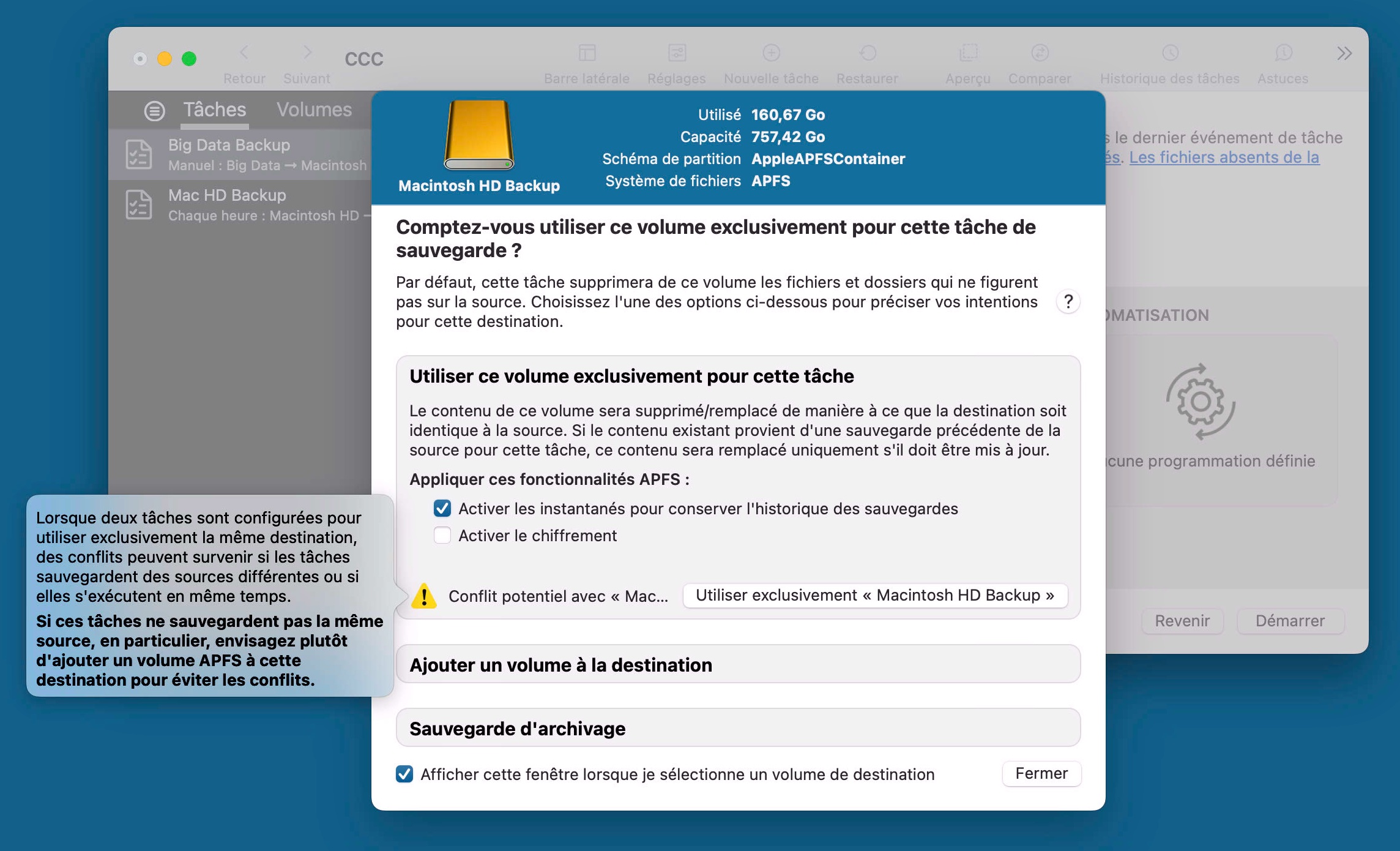 Assistant de configuration du volume de sauvegarde
