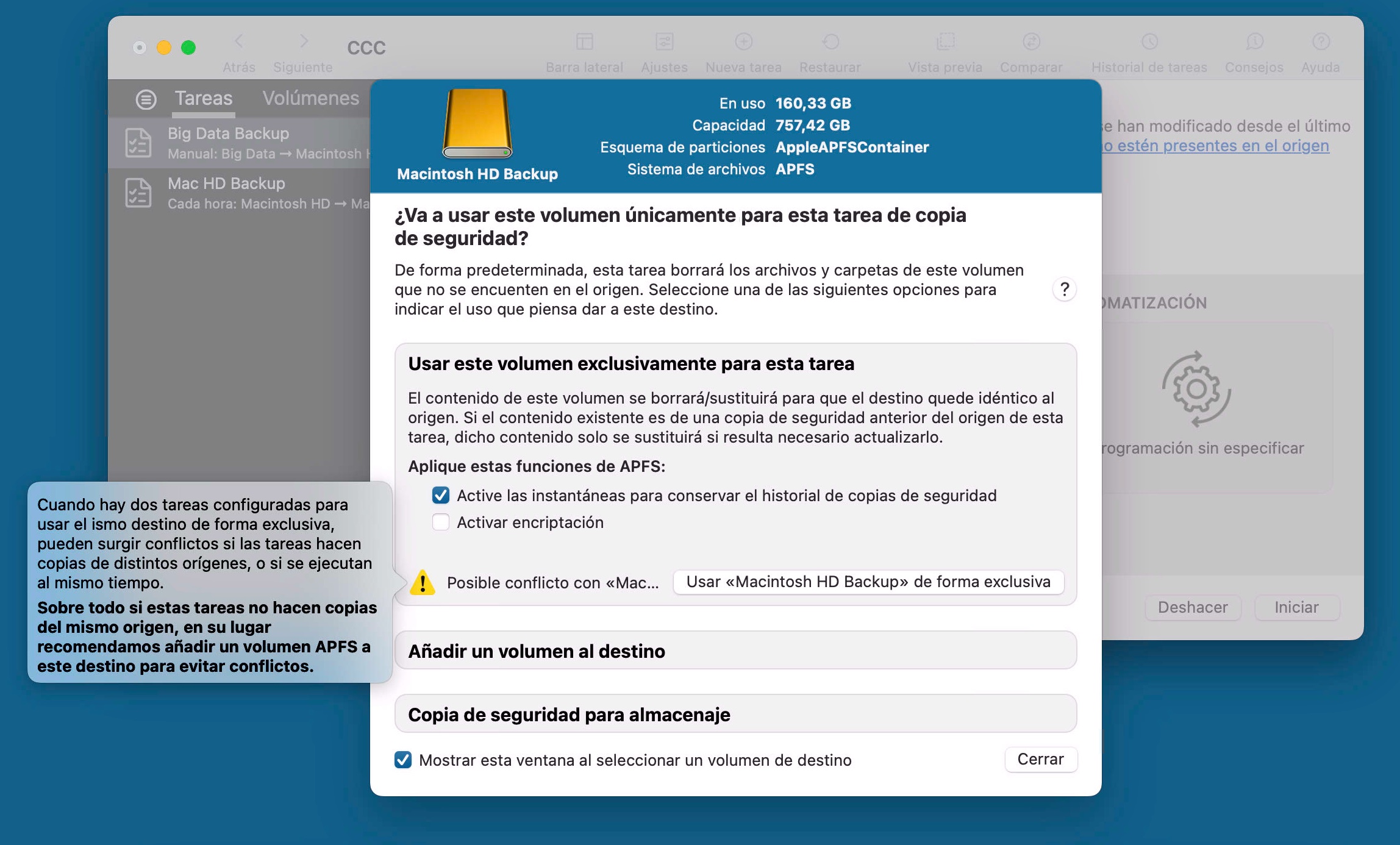 Asistente de configuración del volumen de copia de seguridad