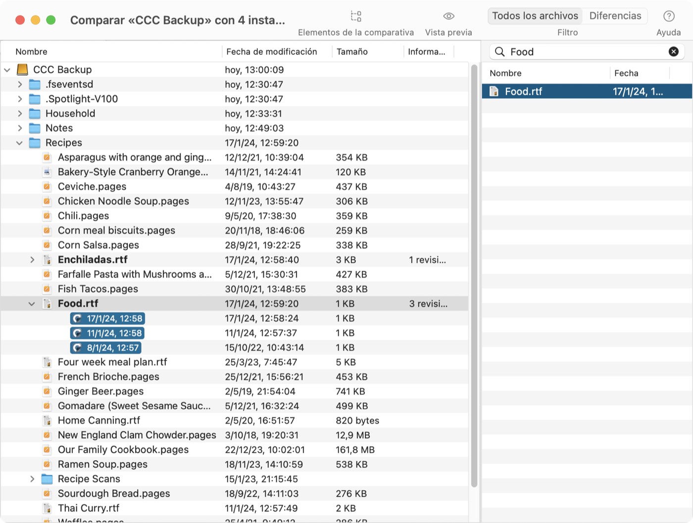 Buscar archivos en el visor de instantáneas