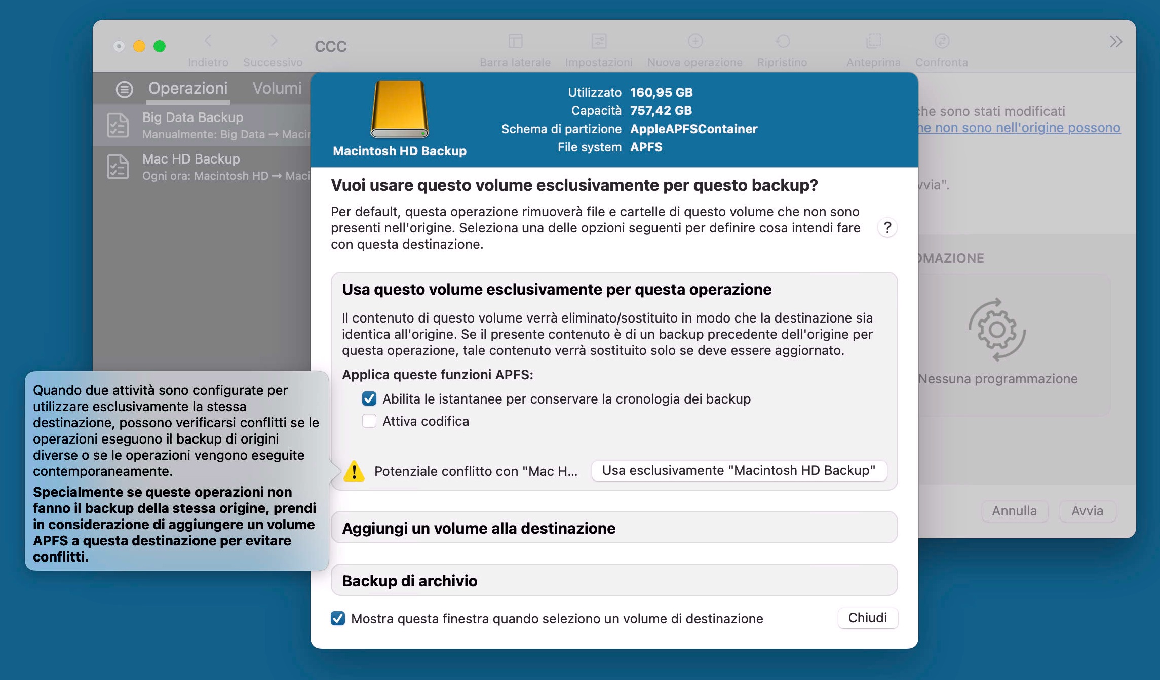 Assistente di configurazione per il volume di backup
