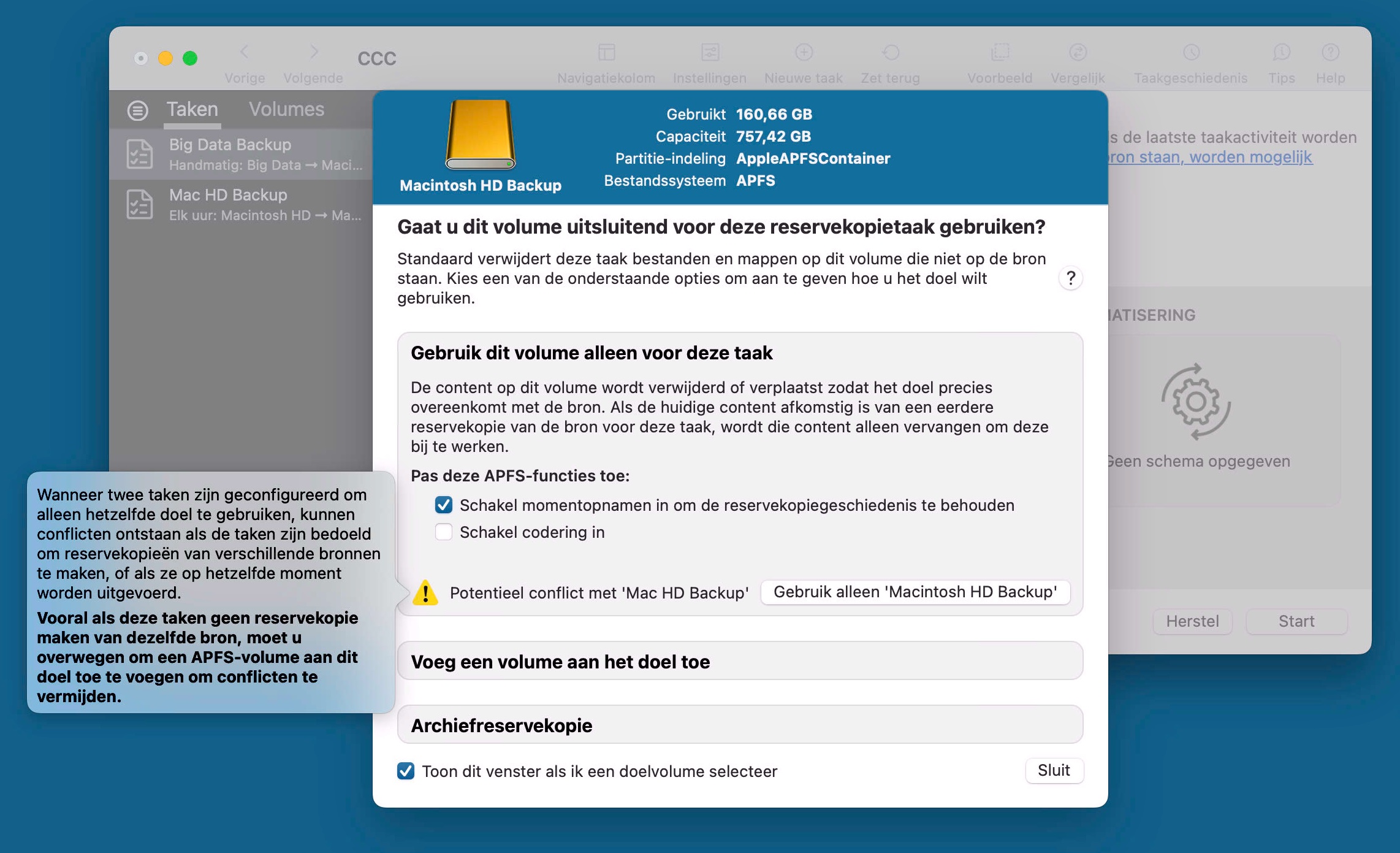 Configuratie-assistent voor reservekopievolumes