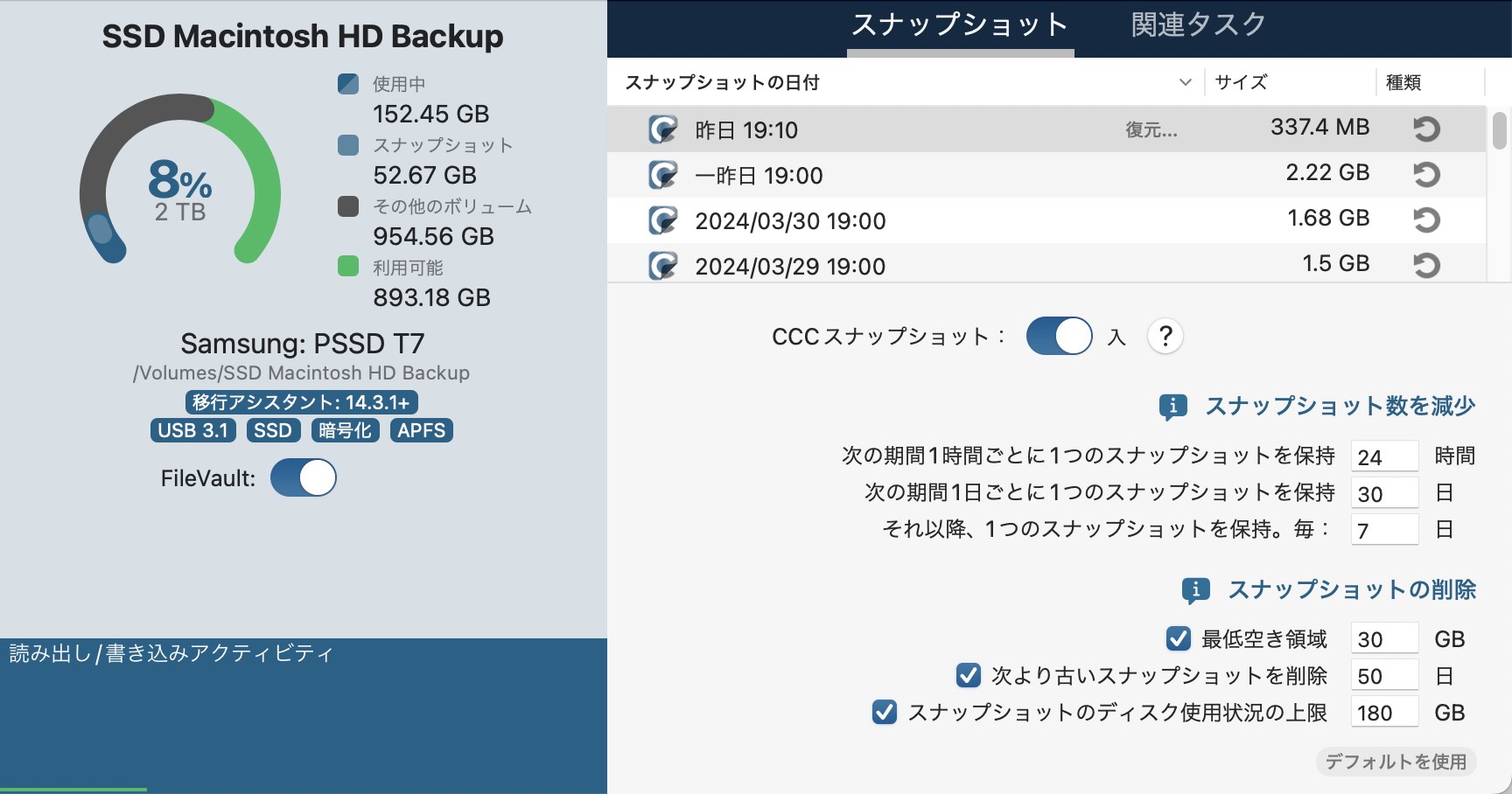 スナップショット保持の新しいオプション