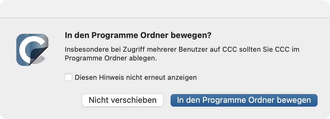 Öffnen Sie CCC und erlauben Sie, dass CCC sich selbst in den Ordner „Programme“ kopiert.