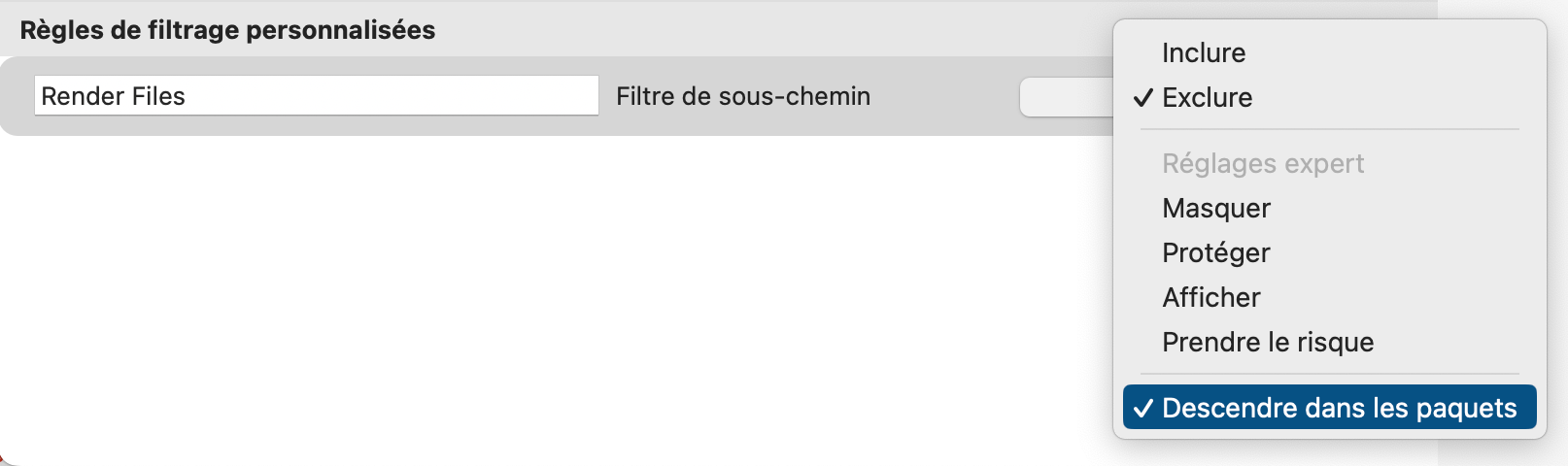 fenêtre de filtrage des tâches