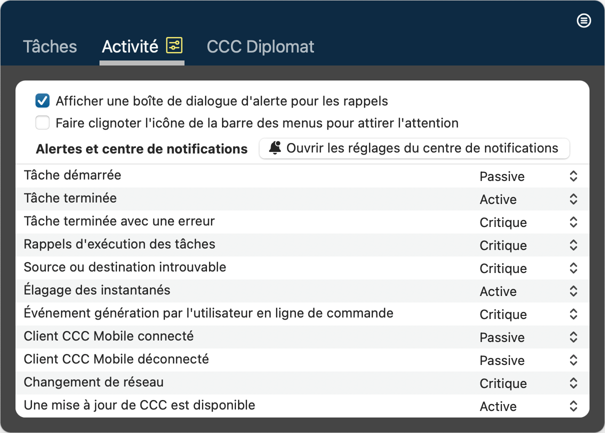 Réglages de l'onglet Activité