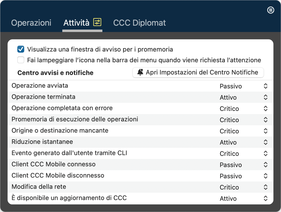 Impostazioni delle Attività