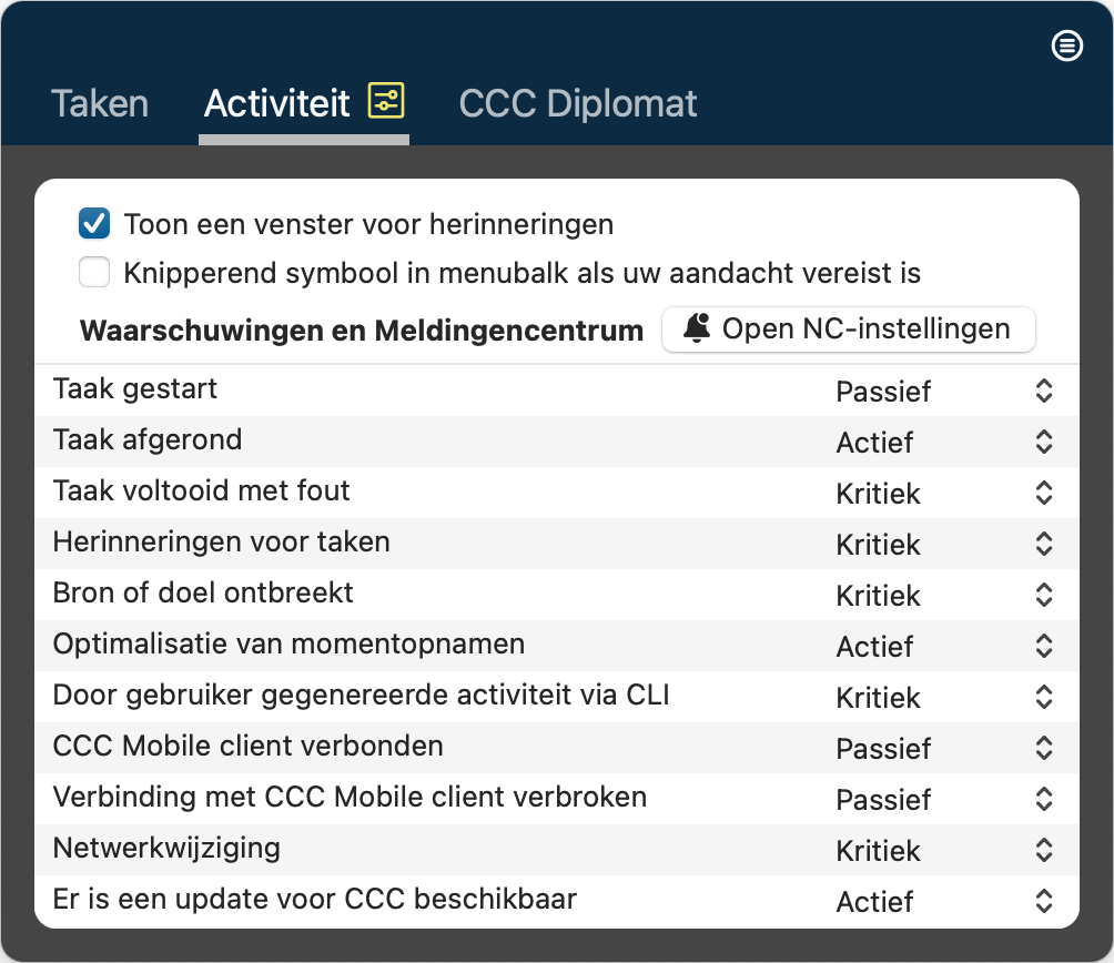Instellingen van Activiteit
