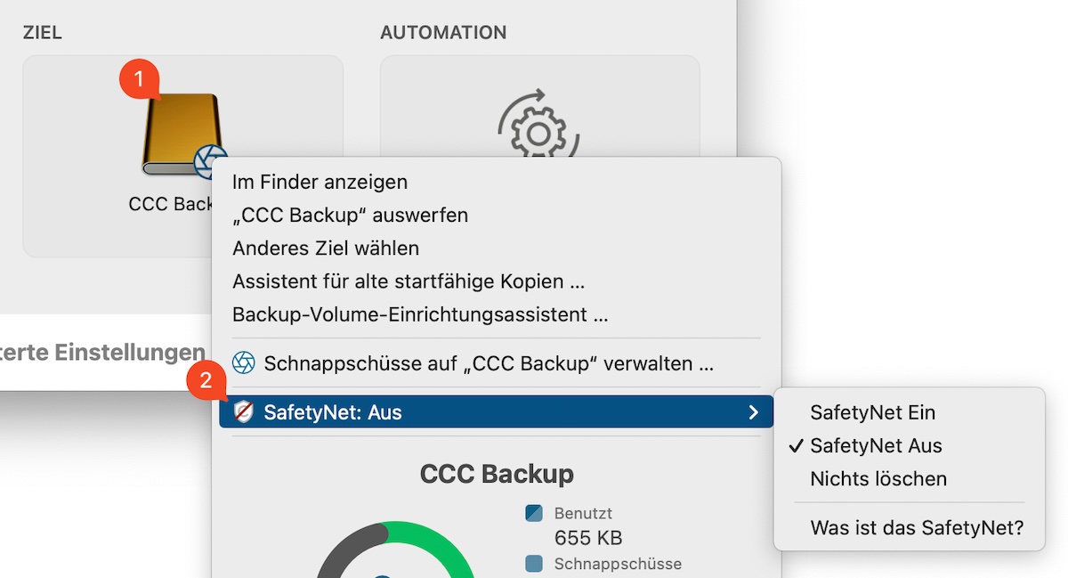 Die SafetyNet-Einstellung befindet sich im Menü „Zielauswahl“