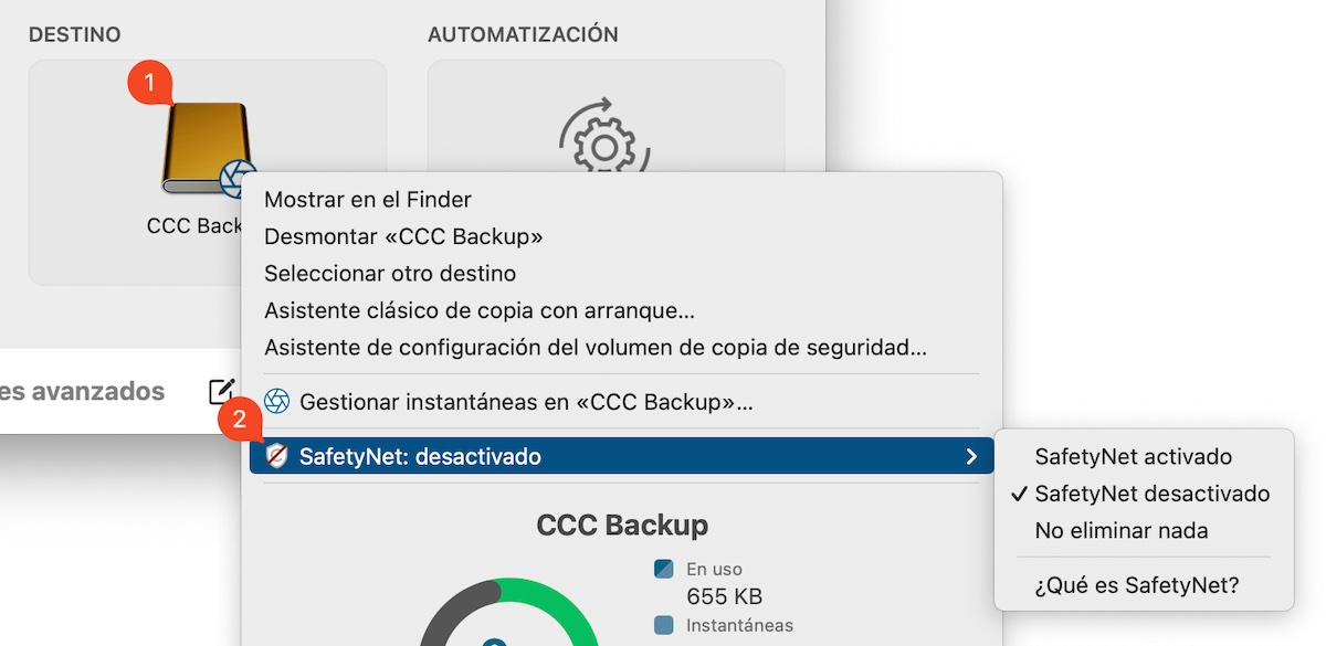 La opción de SafetyNet se encuentra en el menú selector de destino