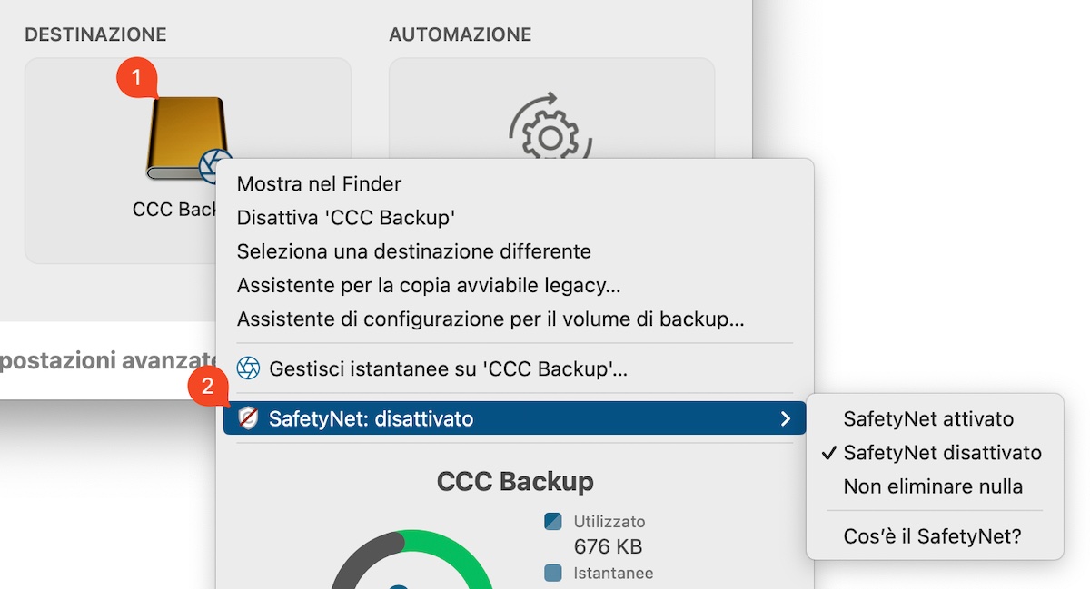 L'impostazione SafetyNet si trova nel menu del selettore Destinazione