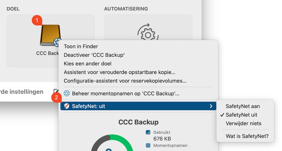 De SafetyNet-instelling bevindt zich in het menu van de doelkiezer