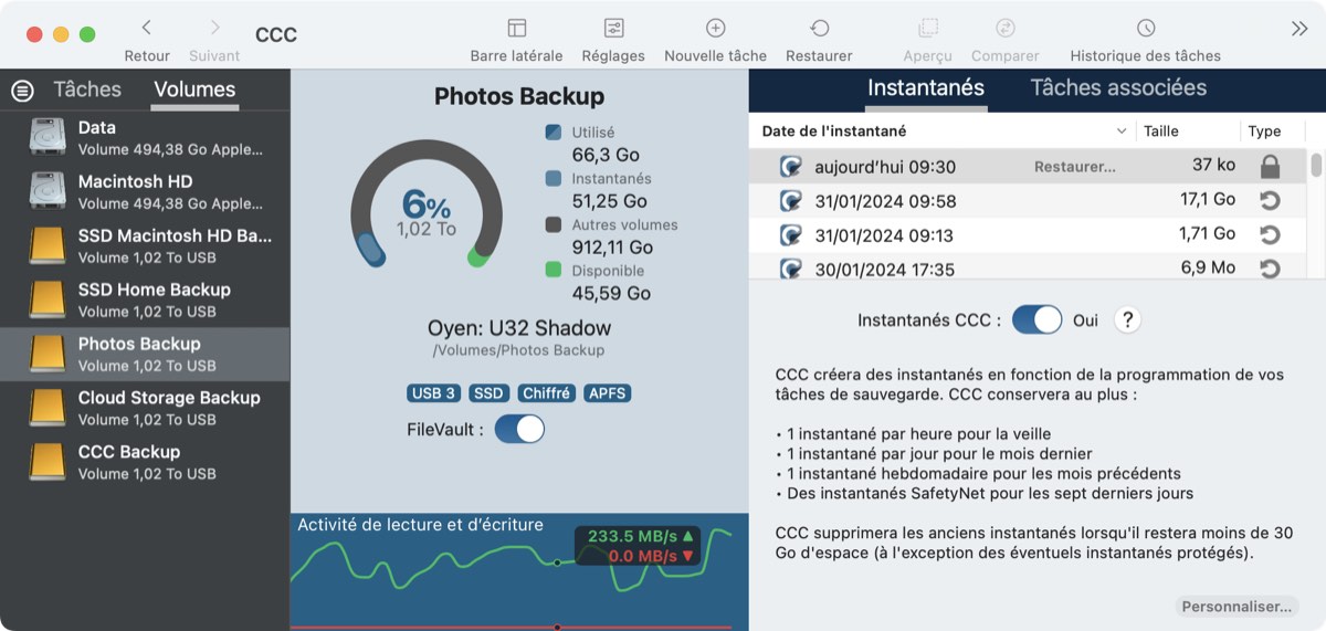 Activation et désactivation des instantanés, et configuration d'une stratégie de conservation