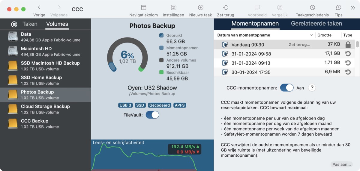 Momentopnamen in- of uitschakelen en een bewaarbeleid voor momentopnamen instellen