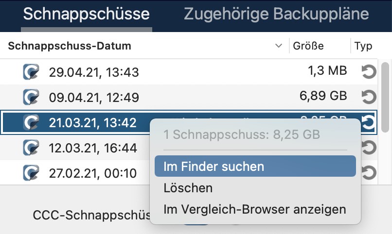 Aktivieren und durchsuchen von Schnappschüssen über das Kontextmenü
