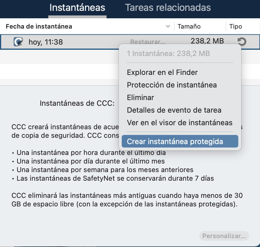 Crear instantánea protegida