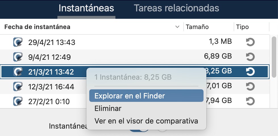 Use el menú contextual para montar y explorar instantáneas