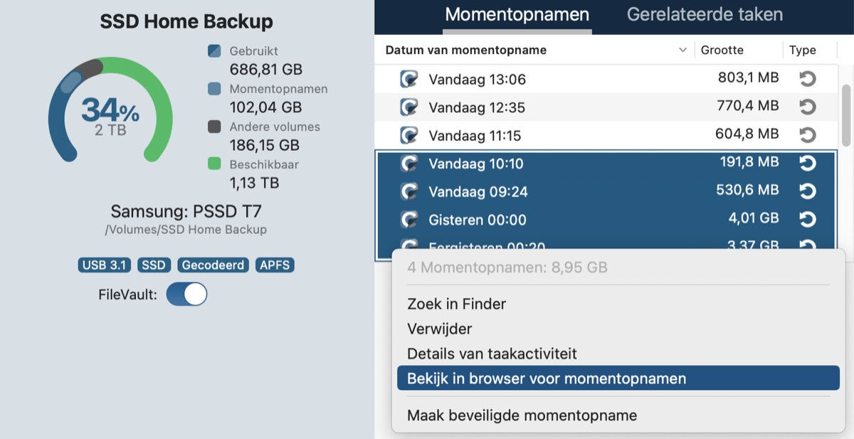Selecteer momentopnamen en klik met de rechtermuisknop om ze te vergelijken in de browser voor momentopnamen