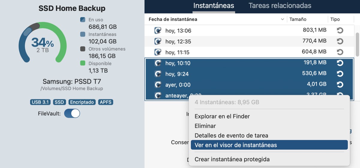 Seleccione instantáneas y, a continuación, pulse con el botón derecho para compararlas en el visor de instantáneas