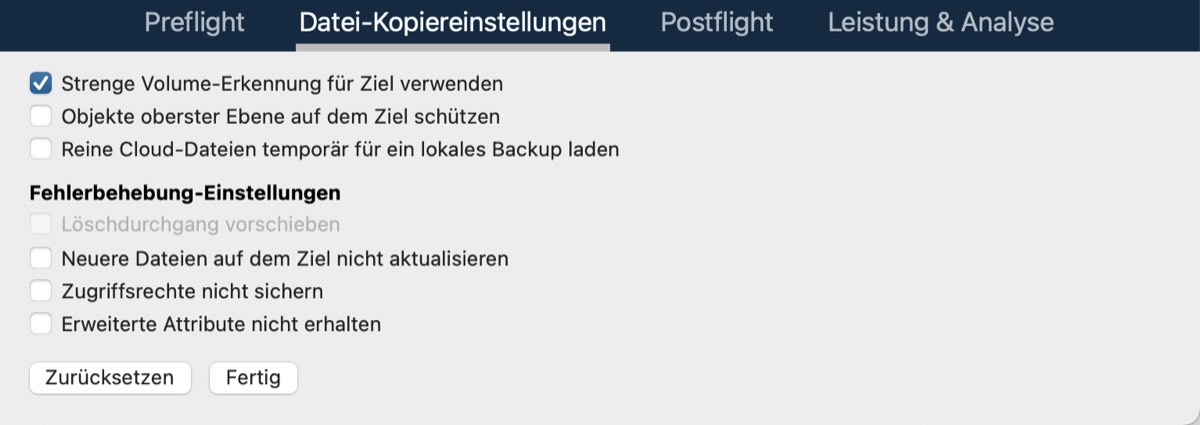 Erweiterte Einstellungen für das Kopieren von Dateien