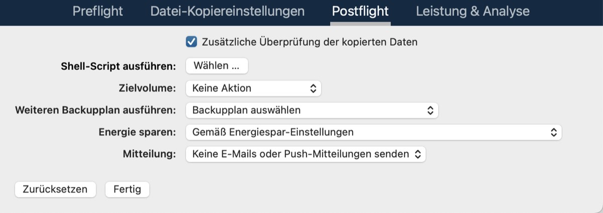 Erweiterte Einstellungen für Postflight-Einstellungen