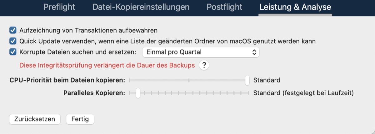 Einstellungen für Leistung und Analyse
