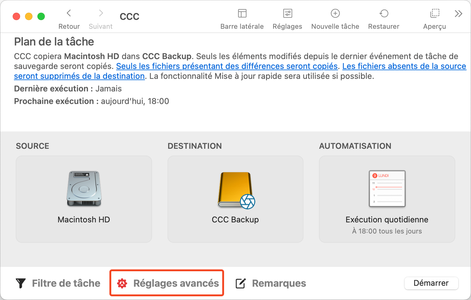 Bouton Réglages avancés