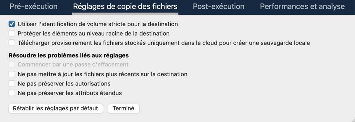 Réglages de copie de fichiers disponibles dans les réglages avancés
