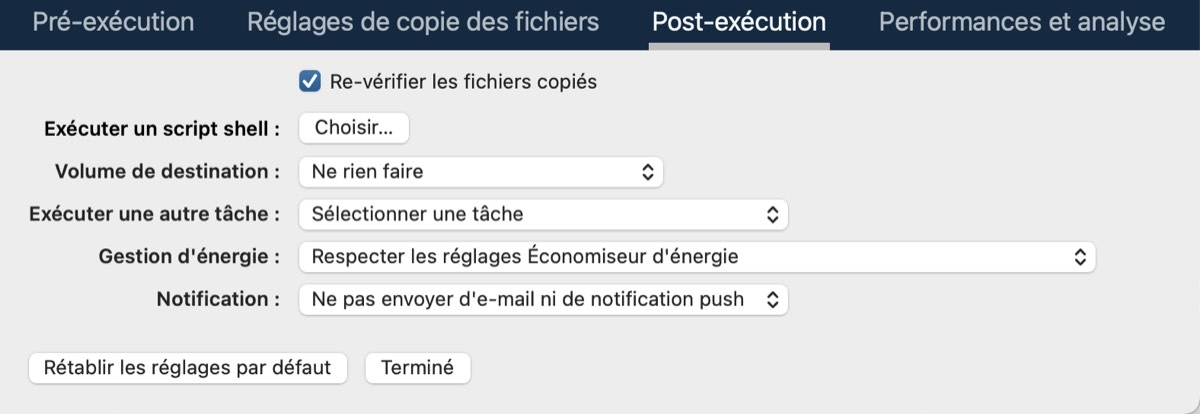 Réglages de post-exécution disponibles dans les réglages avancés