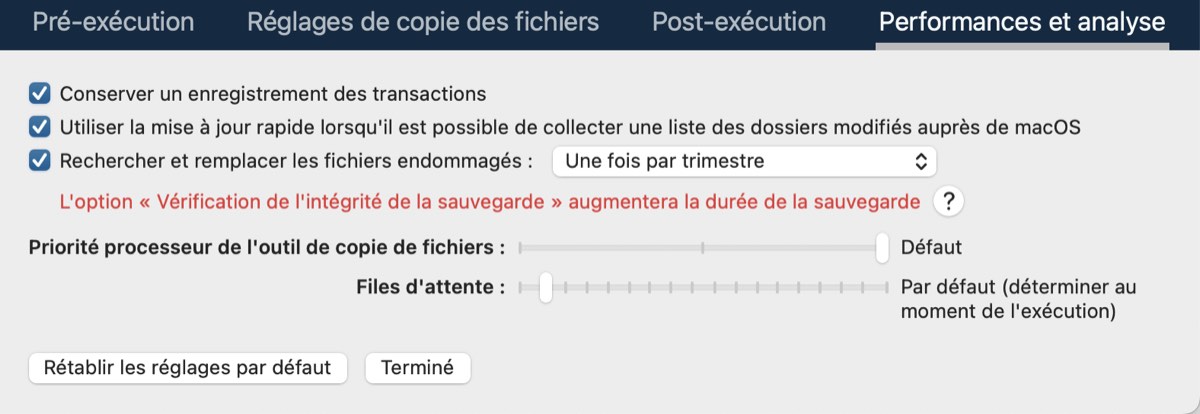 Réglages Performances et analyse