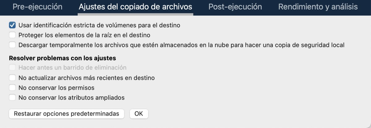 Opciones del copiado de archivos en los ajustes avanzados