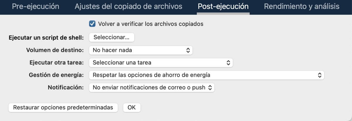 Opciones de post-ejecución en los ajustes avanzados