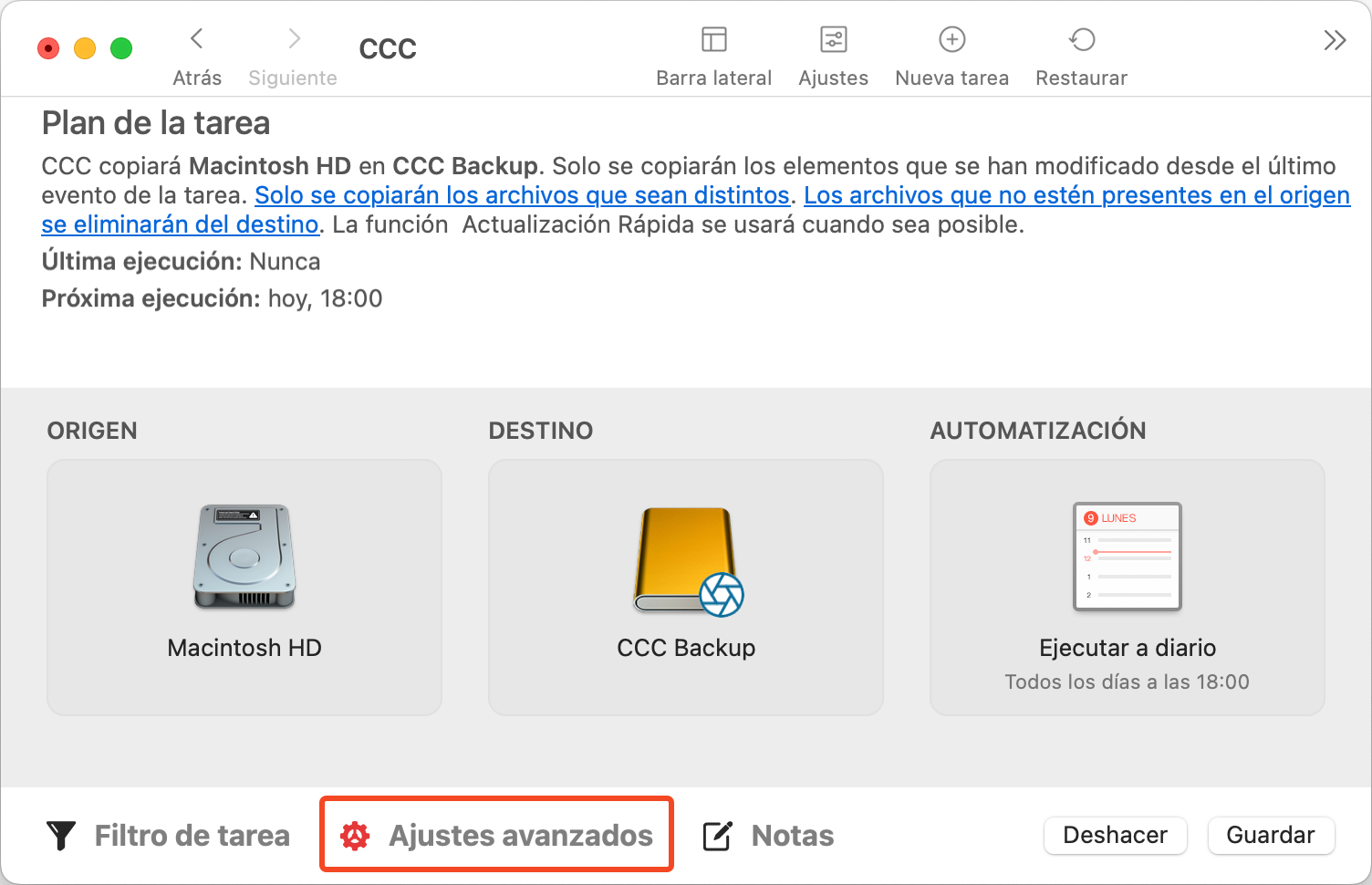 Botón Ajustes avanzados