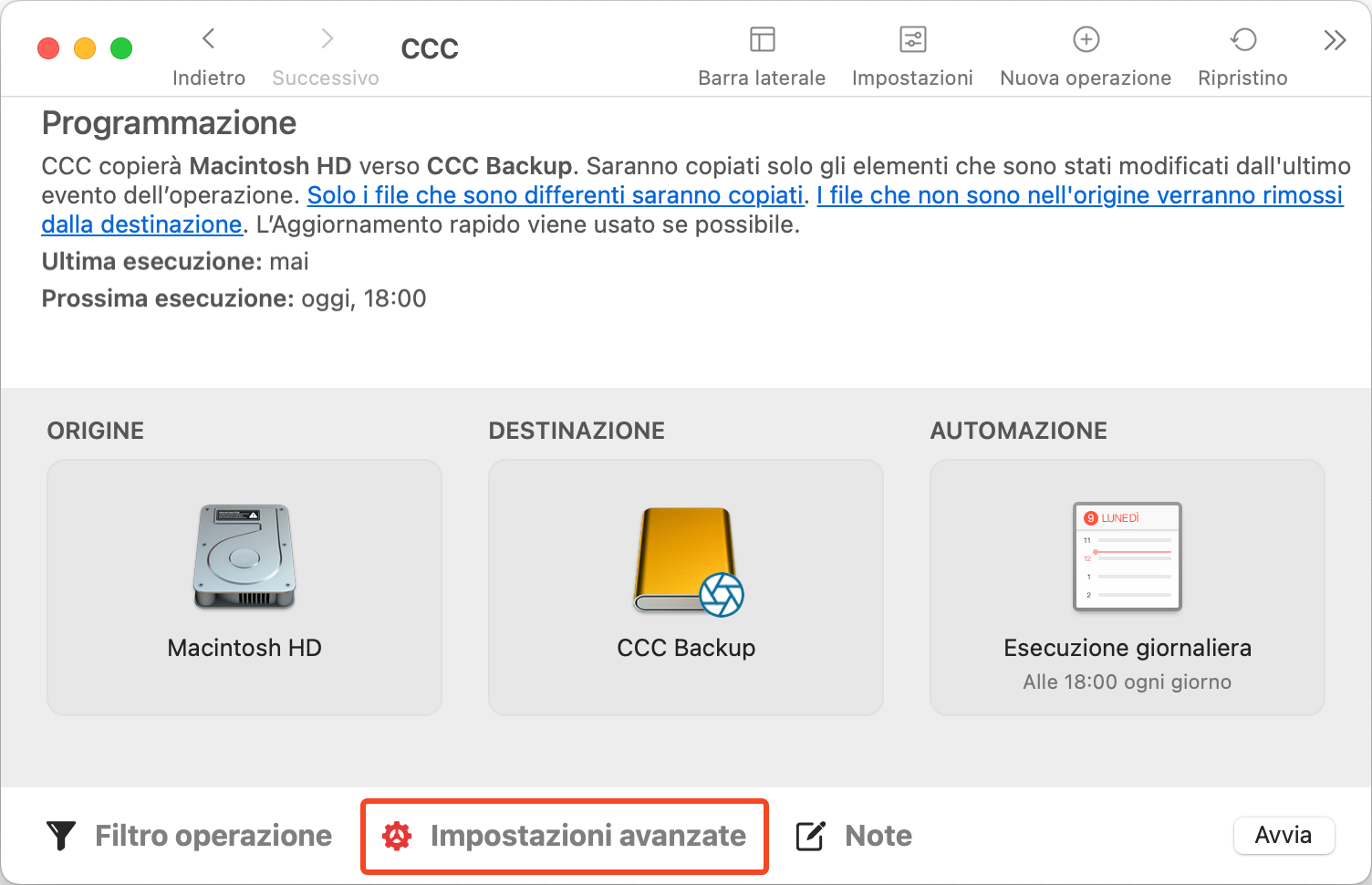 Pulsante Impostazioni avanzate
