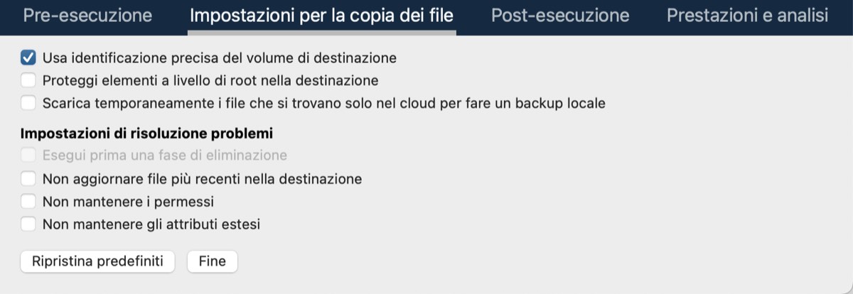 Impostazioni avanzate per la copia dei file