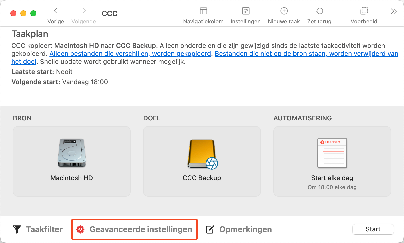 De knop Geavanceerde instellingen