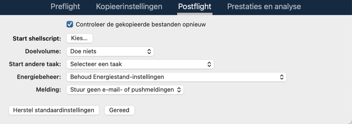 Postflight-opties in Geavanceerde instellingen