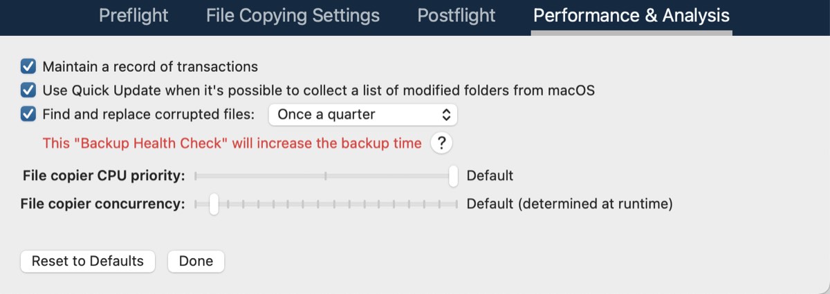 Performance and analysis settings